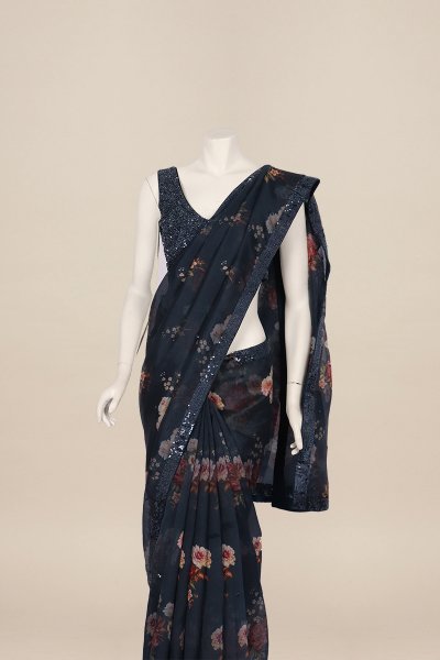 Printed Sequins Pearl Embellished Designer Organza Saree