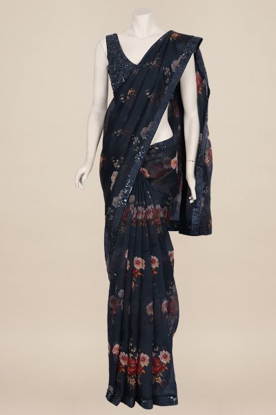 Printed Sequins Pearl Embellished Designer Organza Saree